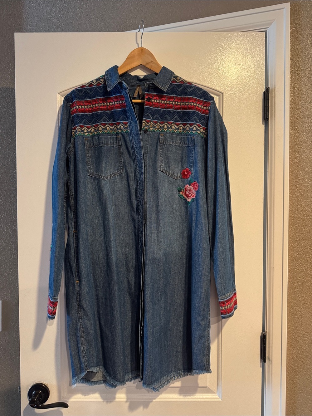 Stetson Denim Duster with Red Floral Embroidery and Multicolor Trim